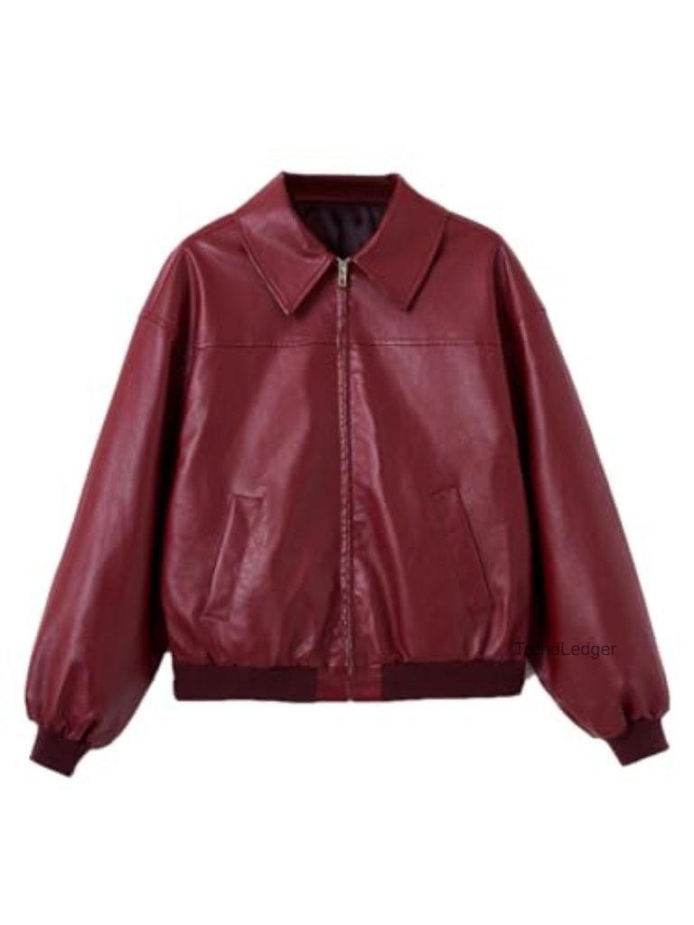Faux Leather Jacket With Zipper Front & Lantern Sleeves